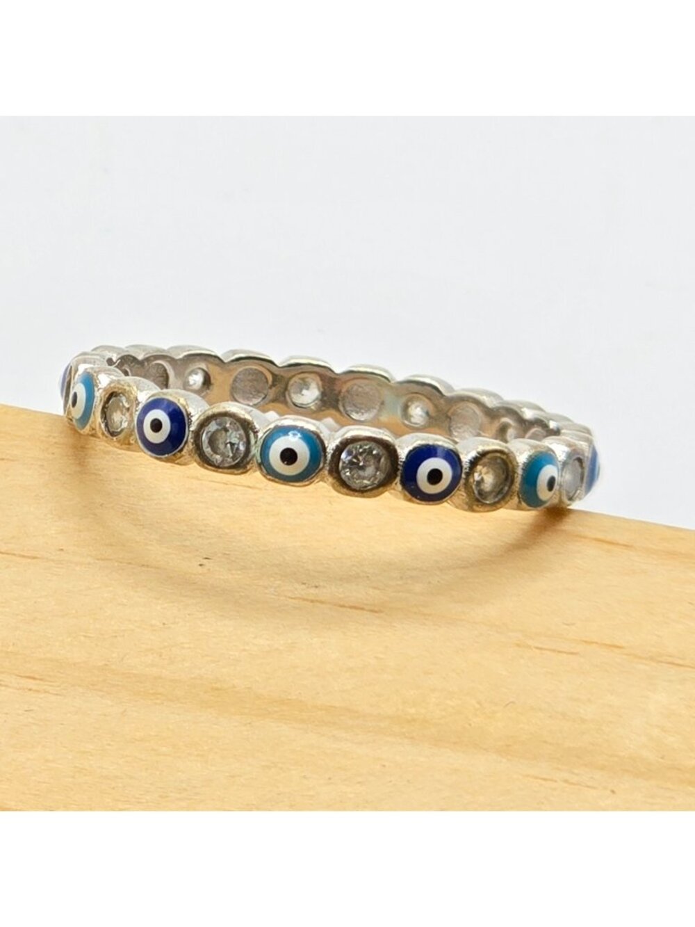 Silver Tone Blue Eye Pattern Eternity Band Ring Rhinestone Stackable Size 7